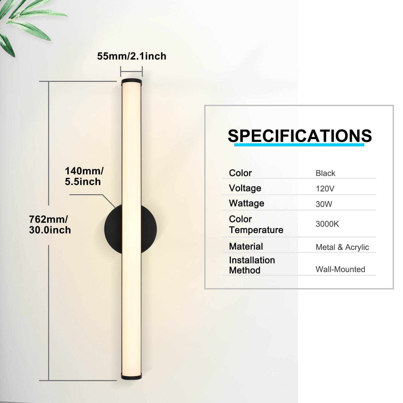 30-Inch Matte Black LED Vanity Light – 3000K Warm White, Frosted Acrylic Lampshade – Wall Mounted Bathroom Sconce for Mirror, Kitchen, Bedroom