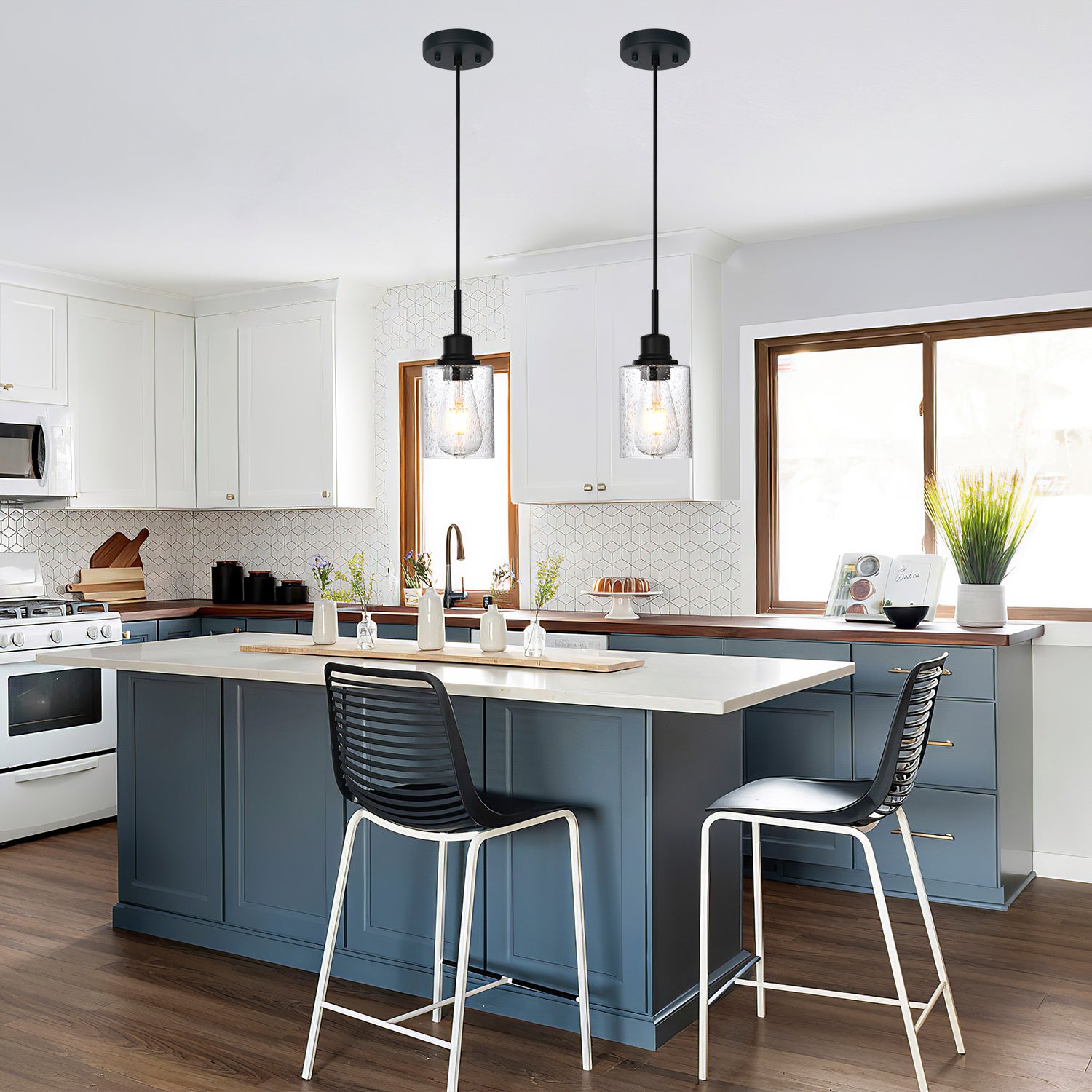 Modern Black 2-Pack Pendant Lights Adjustable Farmhouse Hanging Fixture for Kitchen Island, Dining Room & Bedroom Inclined Ceiling Compatible