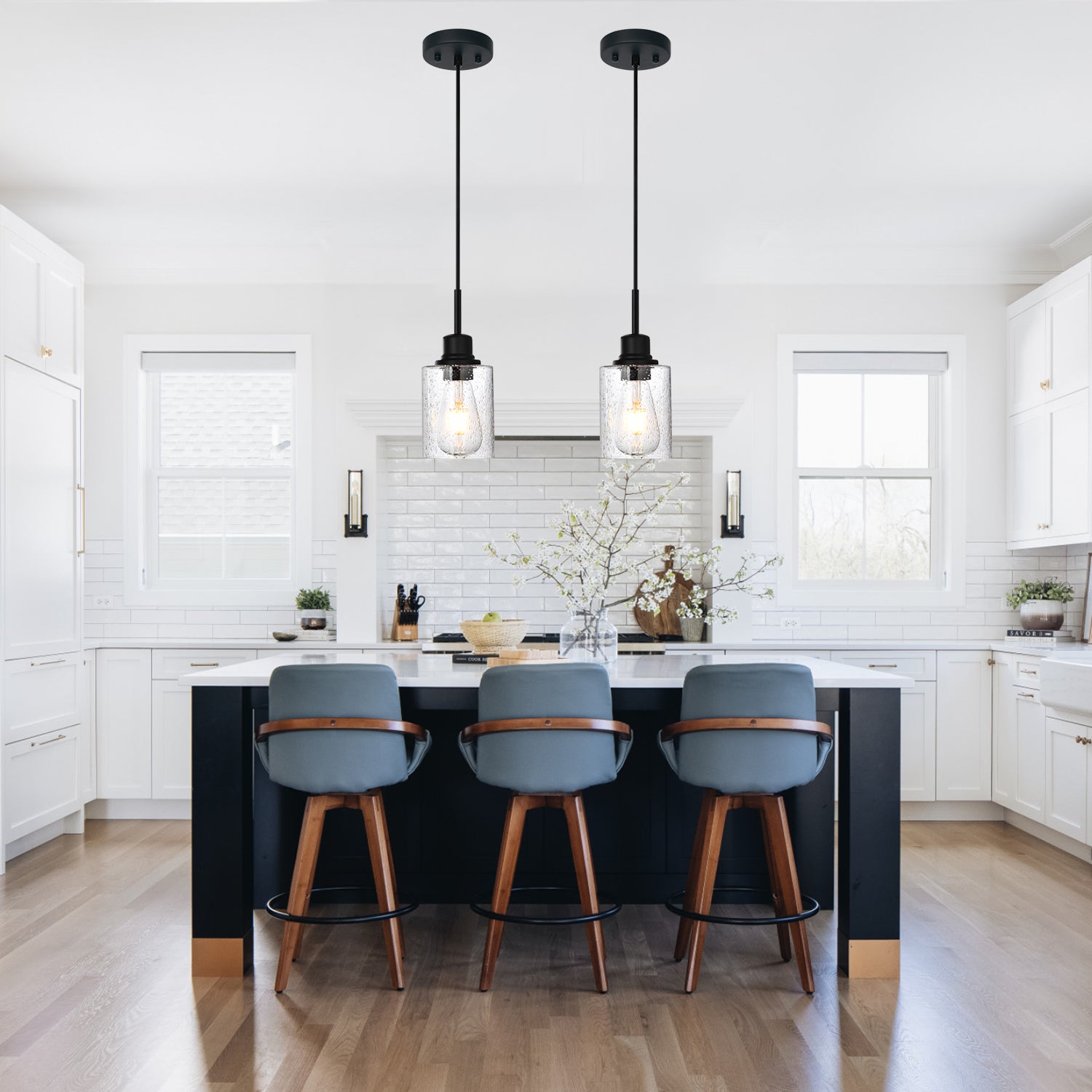 Modern Black 2-Pack Pendant Lights Adjustable Farmhouse Hanging Fixture for Kitchen Island, Dining Room & Bedroom Inclined Ceiling Compatible