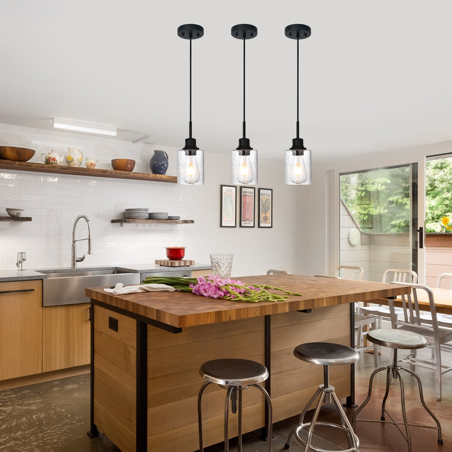 Modern Black 3-Pack Pendant Lights Adjustable Farmhouse Hanging Fixture for Kitchen Island, Dining Room & Bedroom Inclined Ceiling Compatible