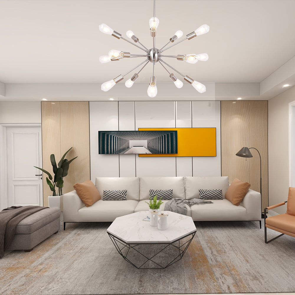 Brushed Nickel Sputnik Ceiling Light – Multi-Directional 15-Light Chandelier with Customizable Height Kitchen Island Hanging Lights for dining rooms entryways