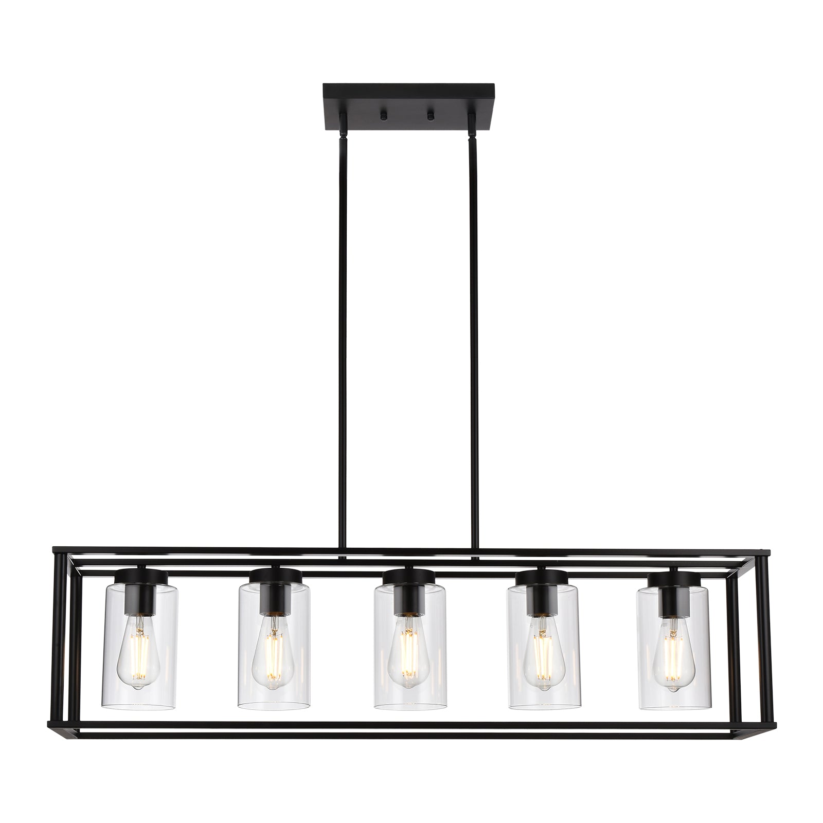 Farmhouse Chandeliers Rectangle Black 5 Light Dining Room Lighting Fixtures Hanging, Kitchen Island Cage Pendant Lights Contemporary Modern Ceiling Light with Glass Shade Adjustable Rods