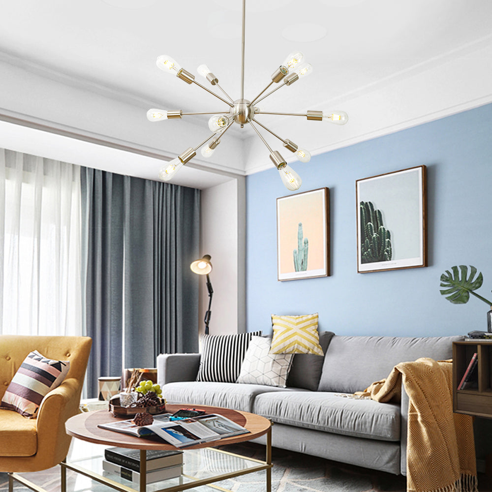 Brushed Nickel Sputnik Ceiling Light – Multi-Directional 12-Light Chandelier with Customizable Height Kitchen Island Hanging Lights for dining rooms entryways