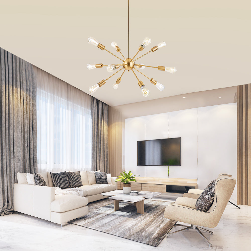 Brass Sputnik Ceiling Light – Multi-Directional 12-Light Chandelier with Customizable Height Kitchen Island Hanging Lights for dining rooms entryways