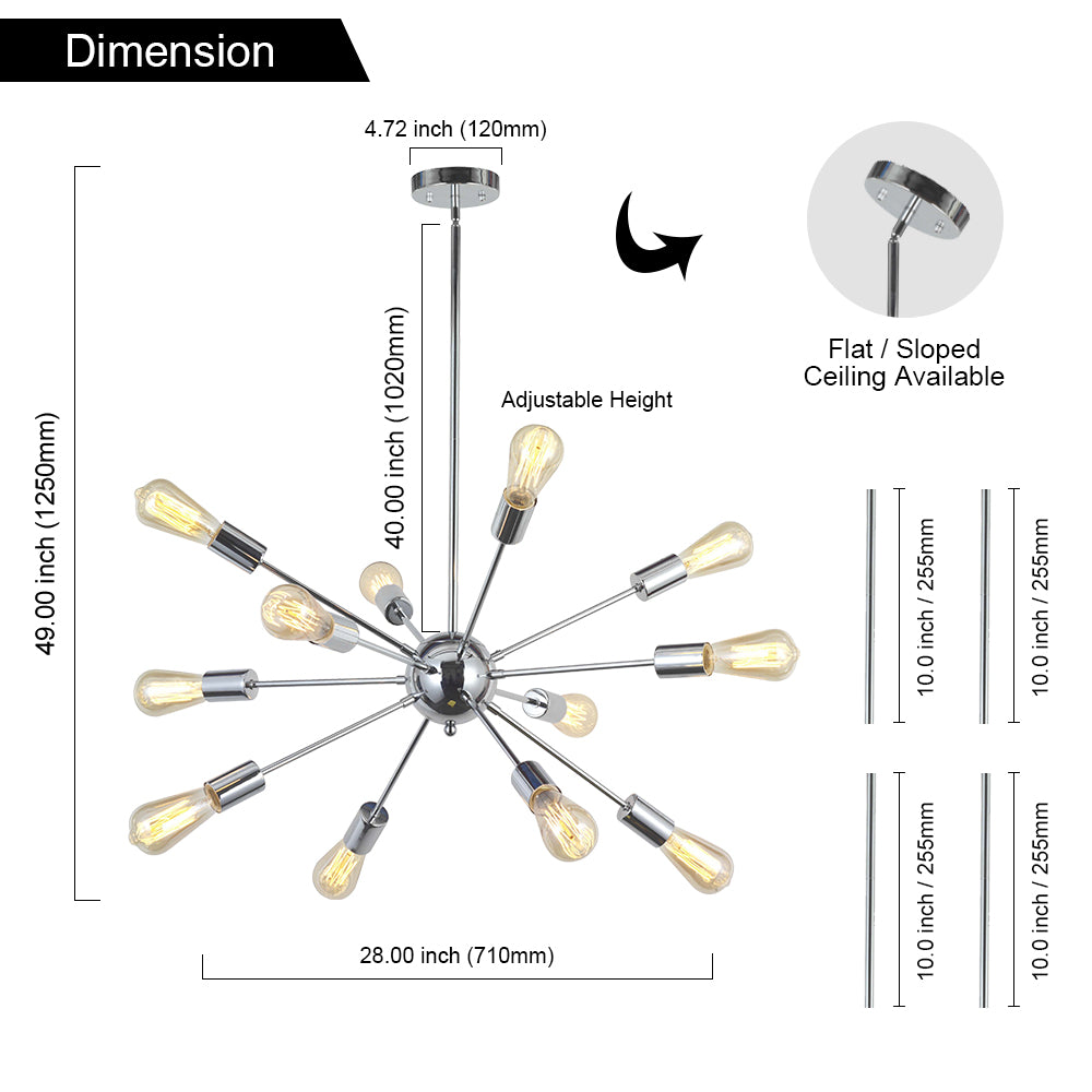 Chrome Sputnik Ceiling Light – Multi-Directional 12-Light Chandelier with Customizable Height Kitchen Island Hanging Lights for dining rooms entryways