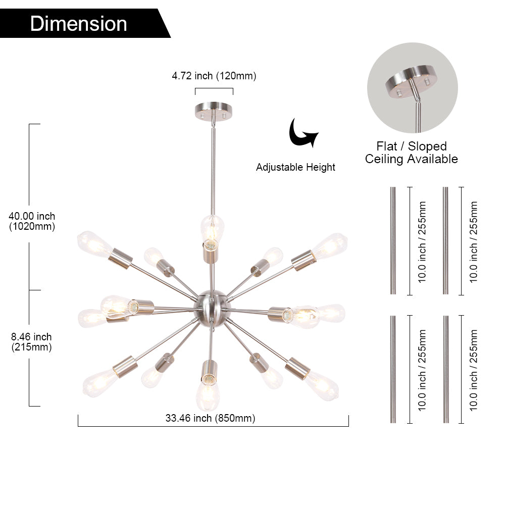 Brushed Nickel Sputnik Ceiling Light – Multi-Directional 15-Light Chandelier with Customizable Height Kitchen Island Hanging Lights for dining rooms entryways