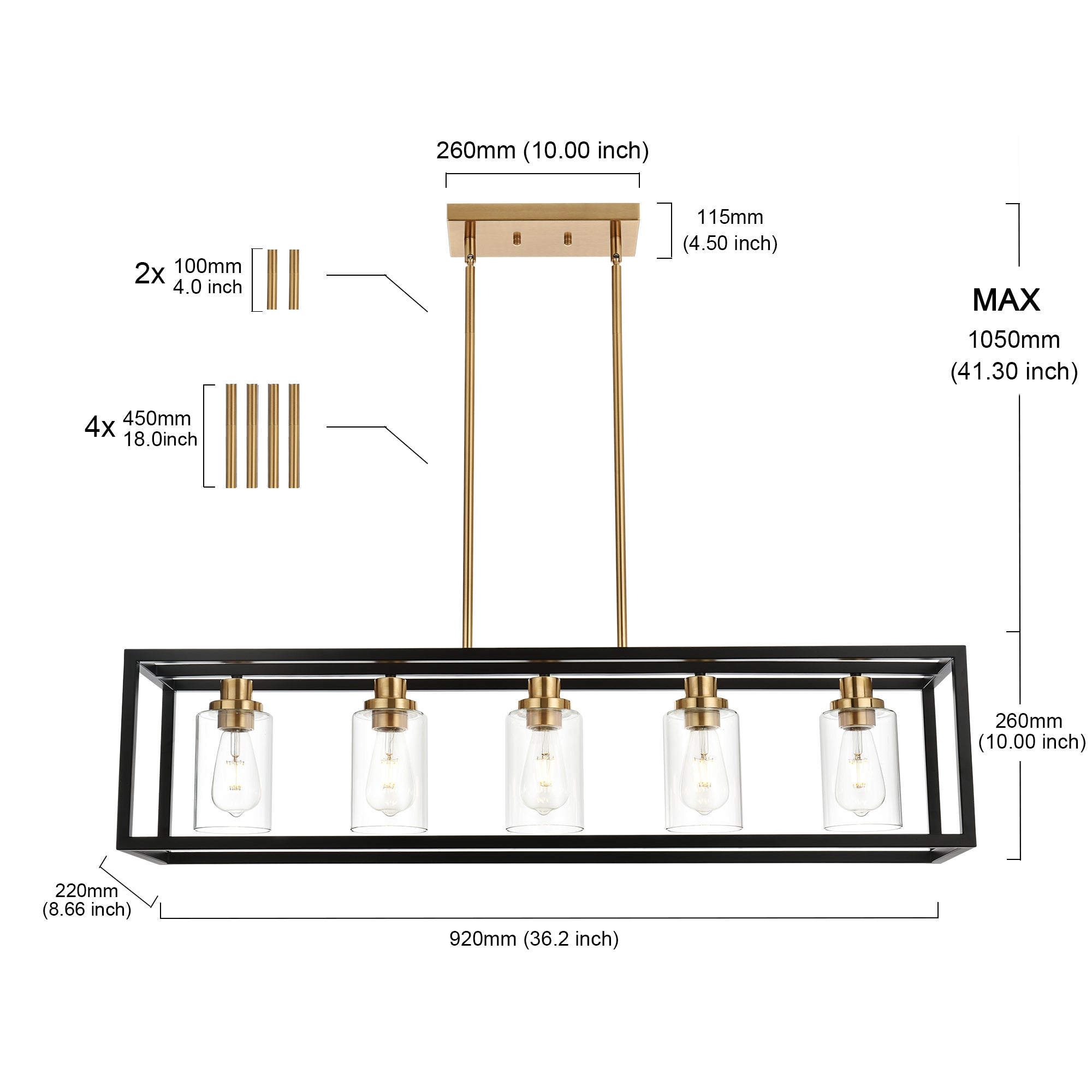 Black Chandeliers Rectangle 5 Lights Dining Room Lighting Fixtures Hanging Over Table, Kitchen Island Lighting Linear Pendant Light Ceiling with Clear Glass Shade and Brushed Brass Socket