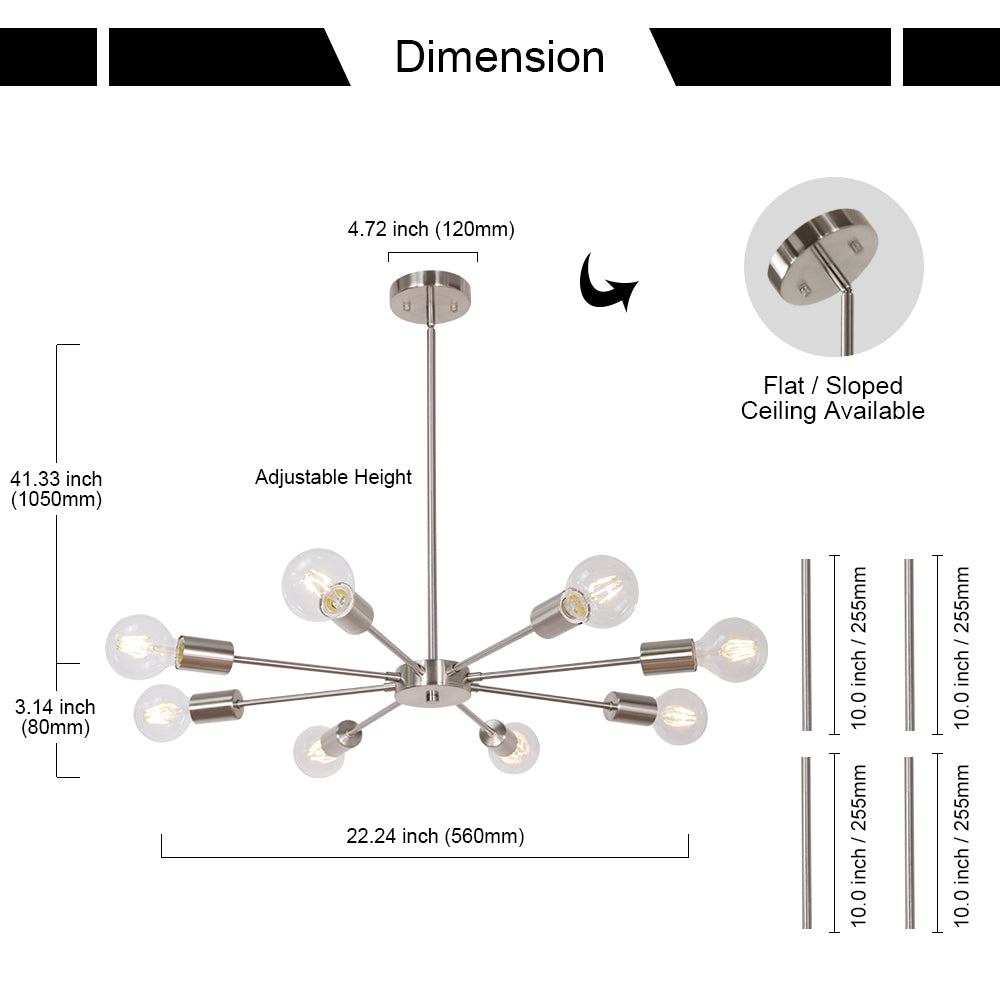 Mid-Century Sputnik Chandelier – Brushed Nickel Durable Metal Finish for Sloped Ceilings 8 Adjustable Lights