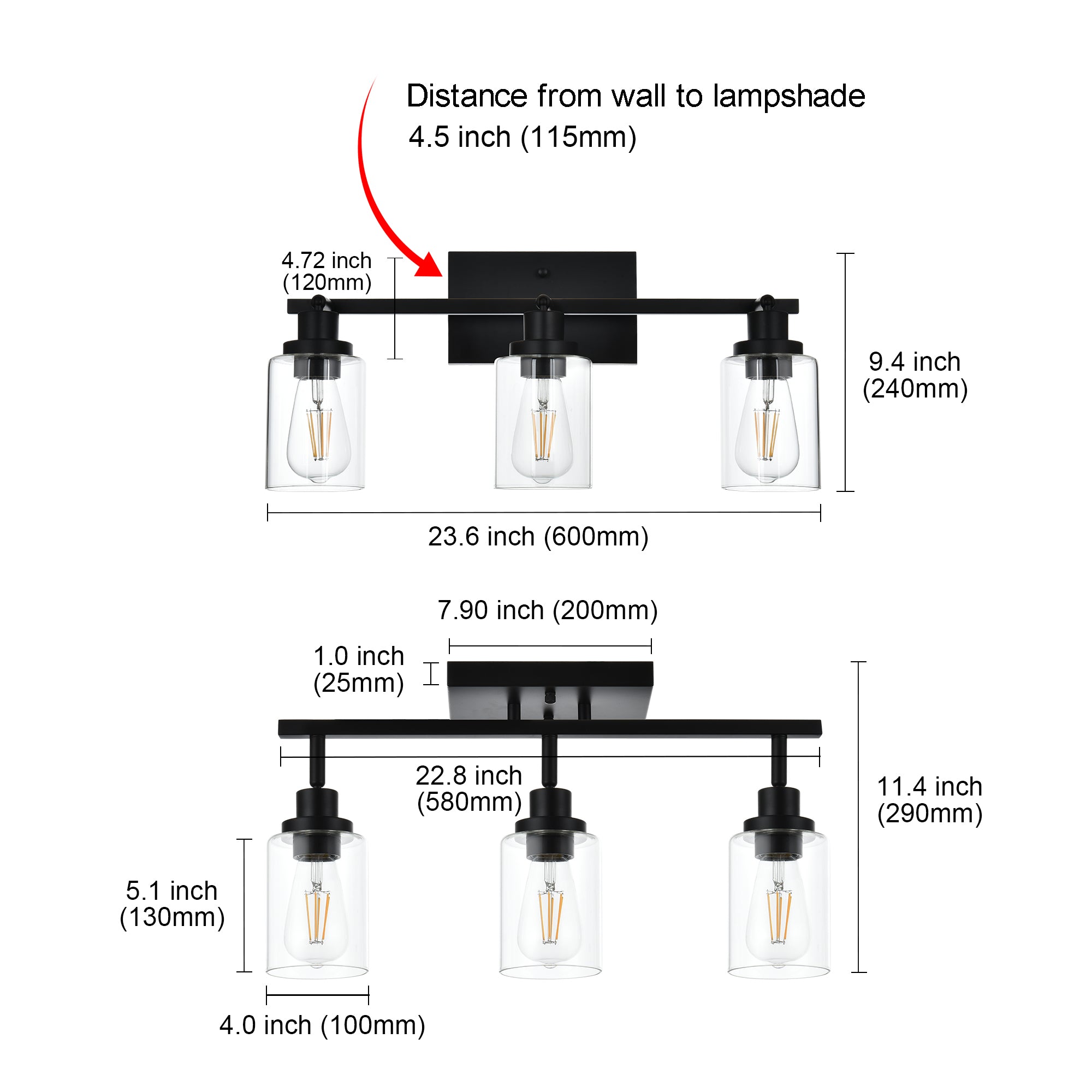 3 Light Bathroom Vanity Light Black Track Lighting Fixtures Ceiling, Vanity Lighting Fixtures with Rotatable Track Head for Hallway Porch Foyer Bath Storage, Clear Glass Shade