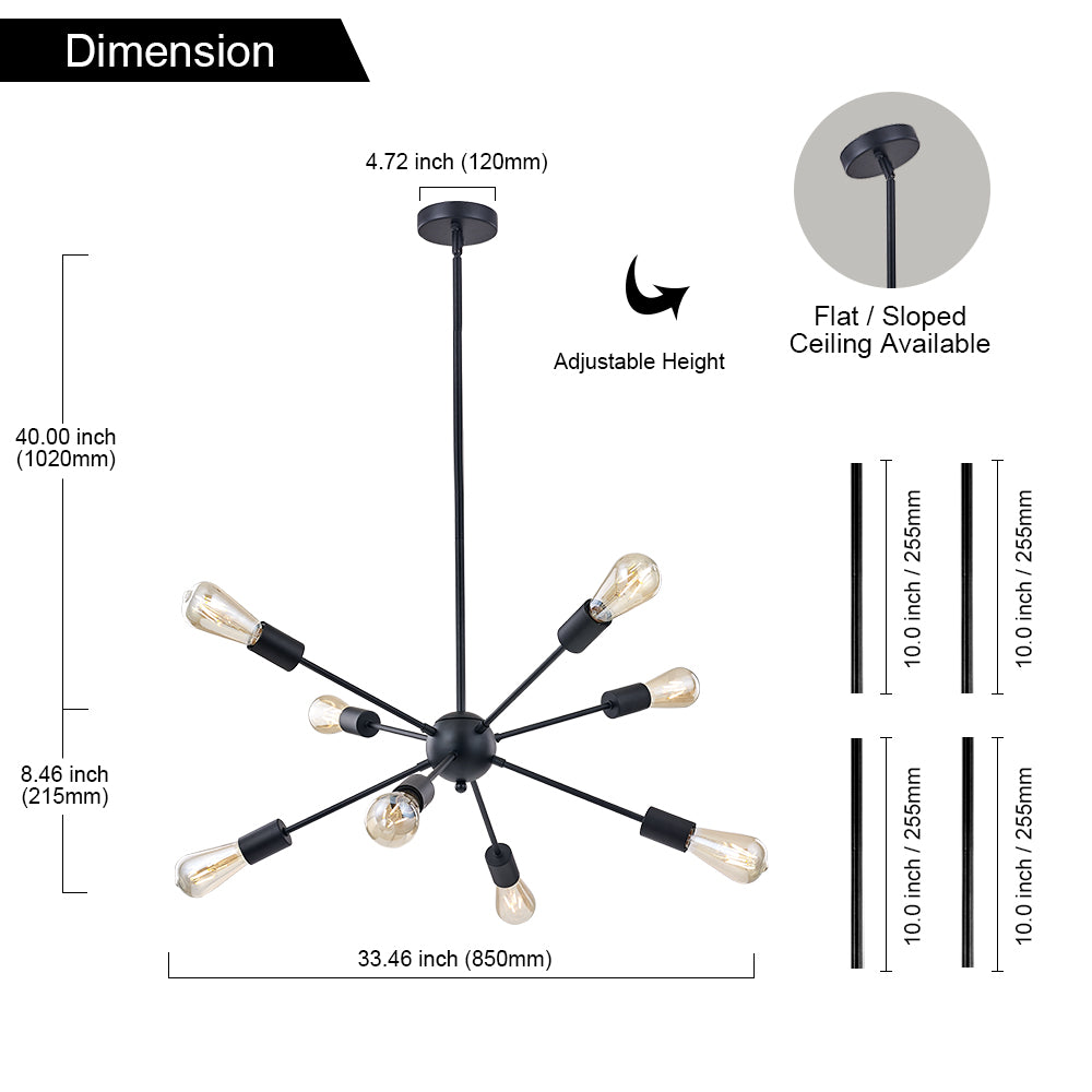 Black Sputnik Ceiling Light – Multi-Directional 8-Light Chandelier with Slopped Ceiling Kitchen Island Hanging Lights for dining rooms entryways