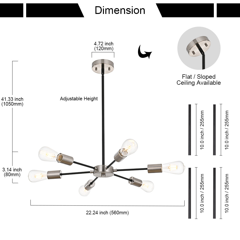 Modern Black Brushed Nickel Sputnik Chandelier – 6-Light Adjustable Ceiling Fixture for Vaulted Ceilings E26 Bulb Base