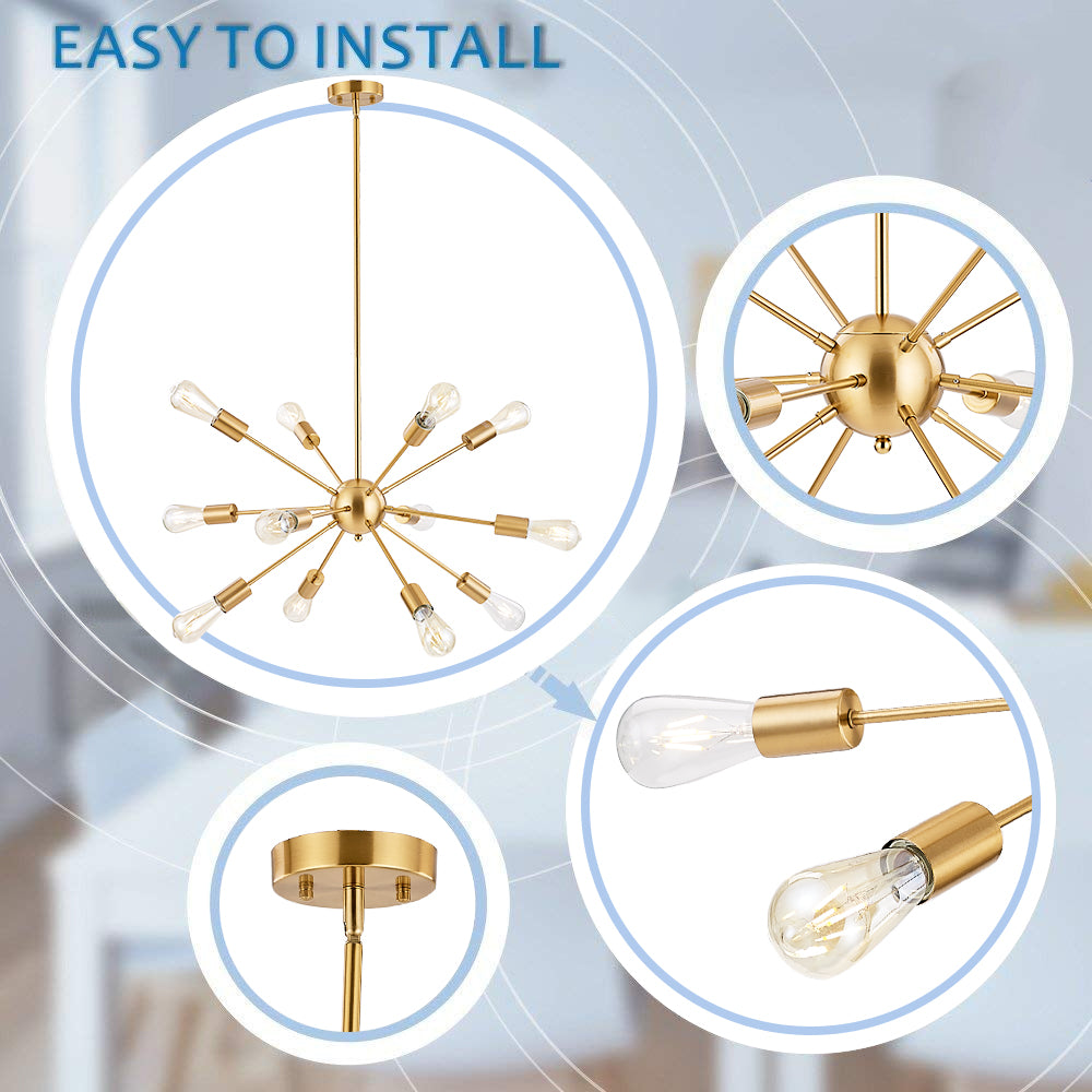 Brass Sputnik Ceiling Light – Multi-Directional 12-Light Chandelier with Customizable Height Kitchen Island Hanging Lights for dining rooms entryways
