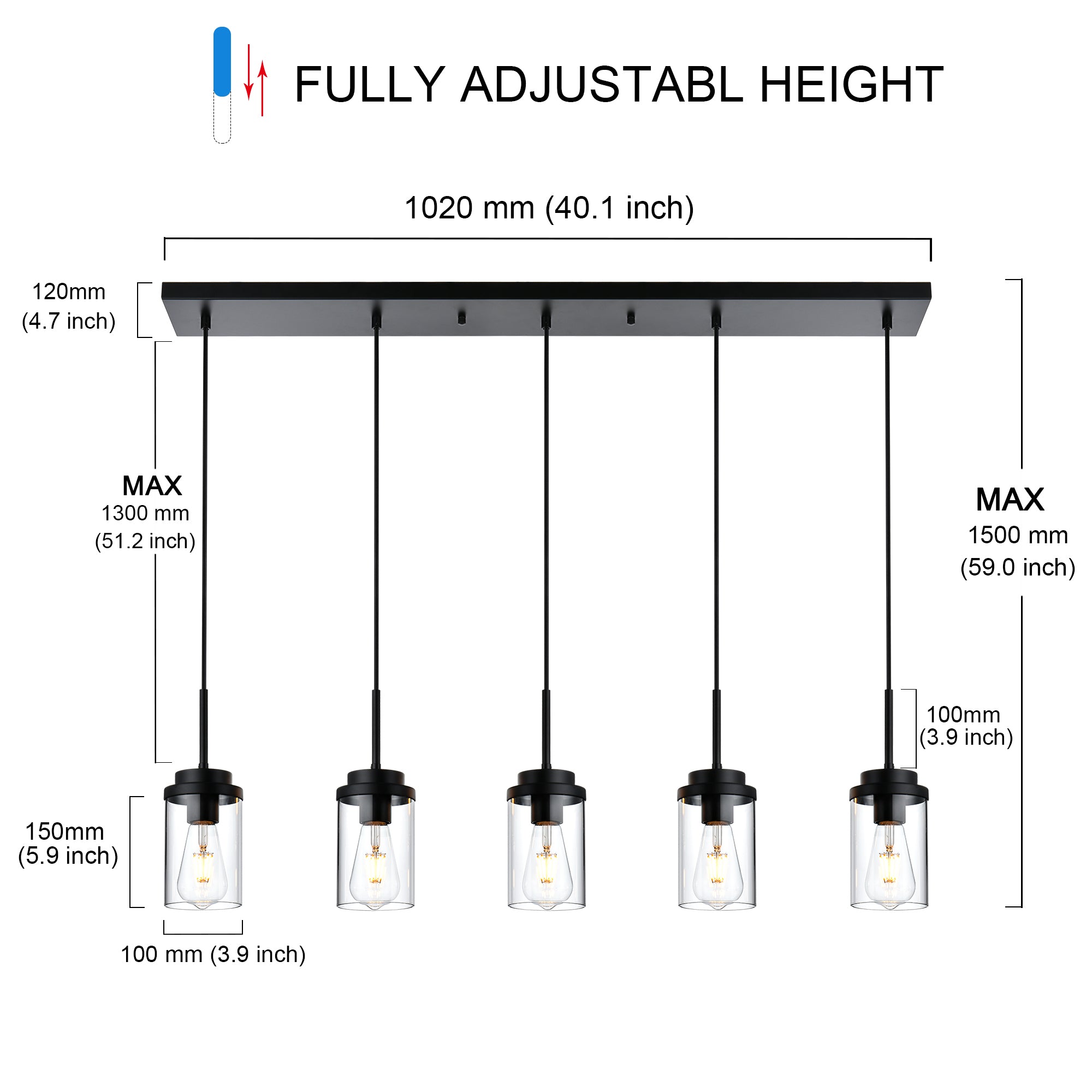 Kitchen Island Lighting Modern 5 Lights Linear Chandeliers for Dining Room, Industrial Black Pendant Light Fixtures Ceiling Hanging with Clear Glass Shade, 40.1 Inches Length