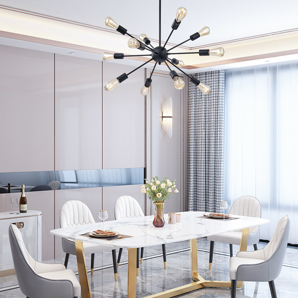 Black Sputnik Ceiling Light – Multi-Directional 12-Light Chandelier with Customizable Height Kitchen Island Hanging Lights for dining rooms entryways