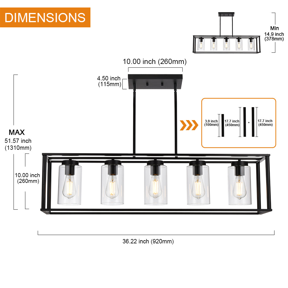 Farmhouse Chandeliers Rectangle Black 5 Light Dining Room Lighting Fixtures Hanging, Kitchen Island Cage Pendant Lights Contemporary Modern Ceiling Light with Glass Shade Adjustable Rods