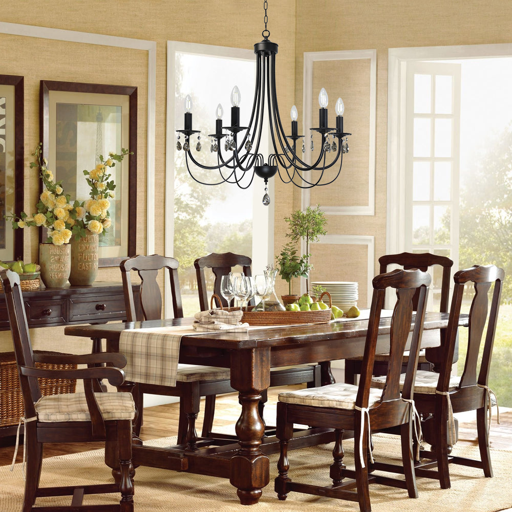 Black Chandeliers 6 Lights Crystal Chandelier Modern Candle Pendant Light Fixtures Elegant Ceiling Hanging Lights for Dining Room Living Room