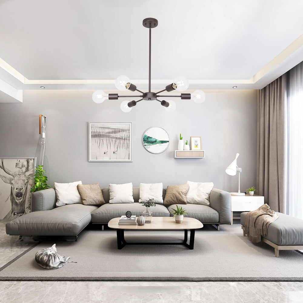 Modern Oil Rubbed Bronze Sputnik Chandelier – 6-Light Adjustable Ceiling Fixture for Vaulted Ceilings E26 Bulb Base