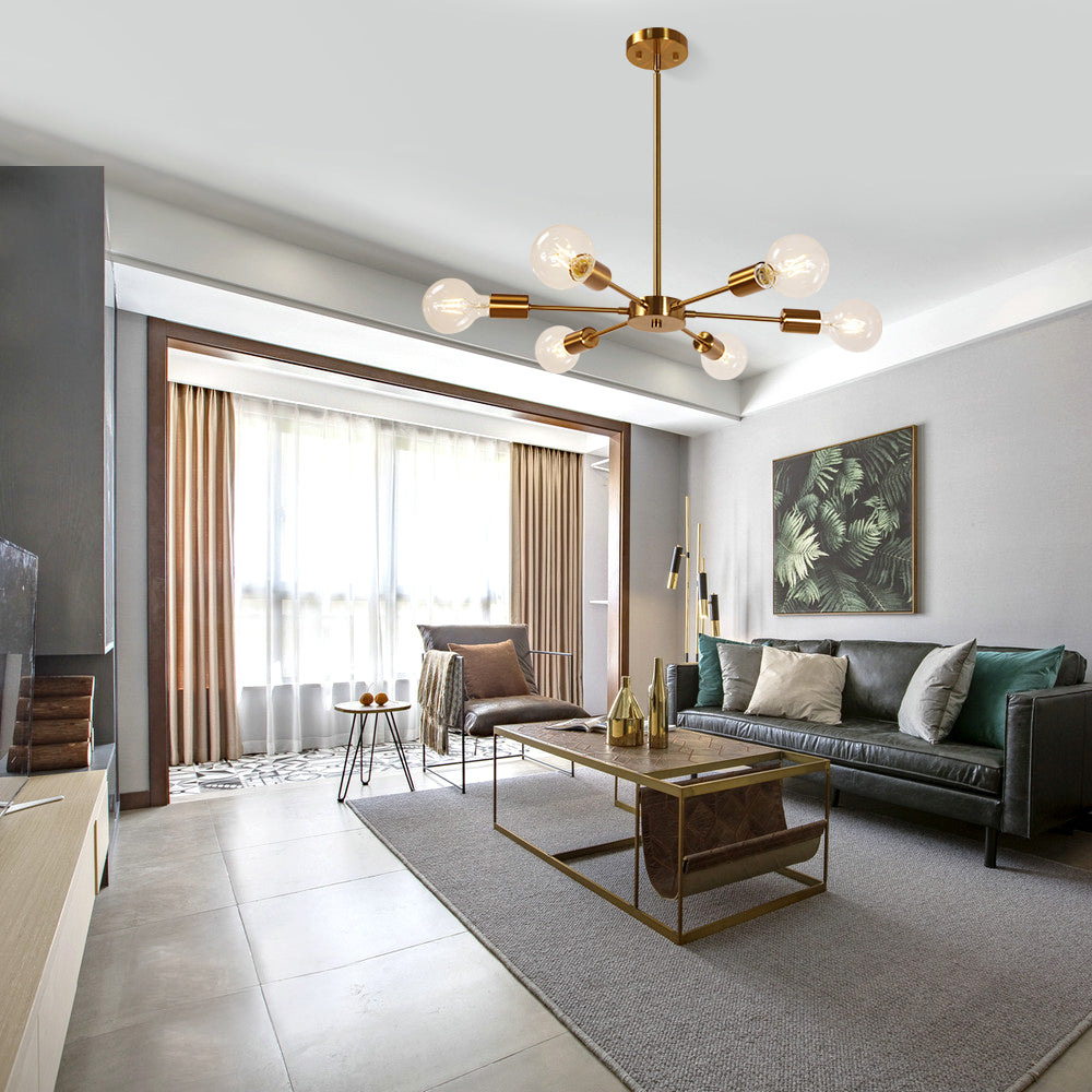 Modern Brass Sputnik Chandelier – 6-Light Adjustable Ceiling Fixture for Vaulted Ceilings E26 Bulb Base