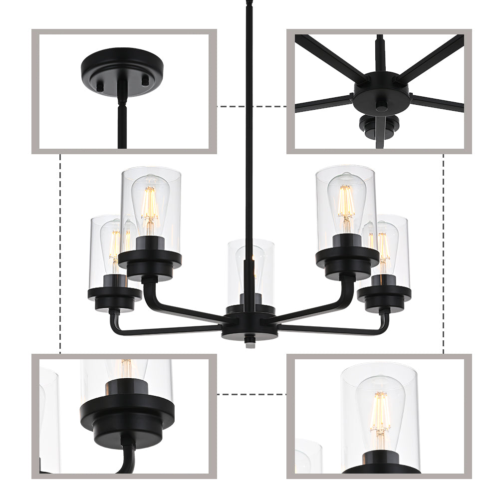 Classic Chandeliers for Dining Room with Clear Glass Shade, 5-Light Black Pendant Light Ceiling Light Fixtures Hanging for Entryway Living Room Bedroom, Semi Flush Mount