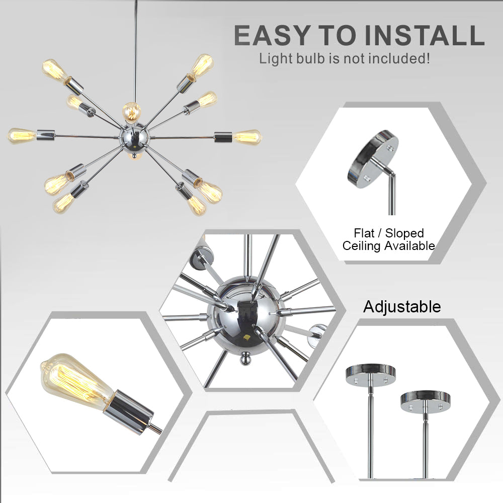 Chrome Sputnik Ceiling Light – Multi-Directional 12-Light Chandelier with Customizable Height Kitchen Island Hanging Lights for dining rooms entryways
