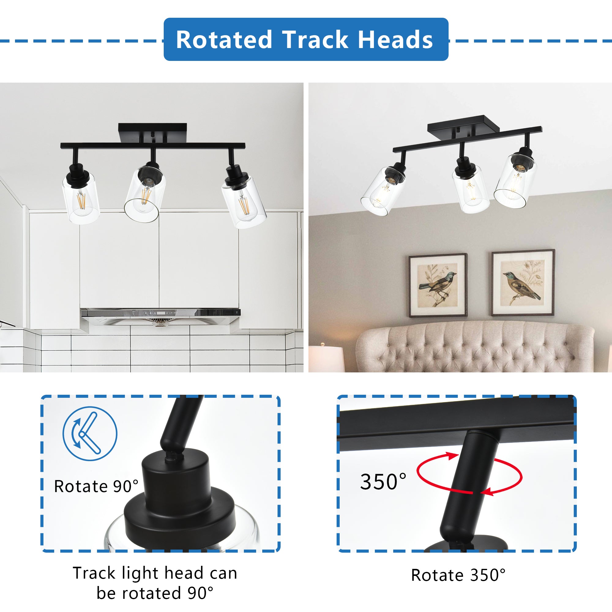 3 Light Bathroom Vanity Light Black Track Lighting Fixtures Ceiling, Vanity Lighting Fixtures with Rotatable Track Head for Hallway Porch Foyer Bath Storage, Clear Glass Shade