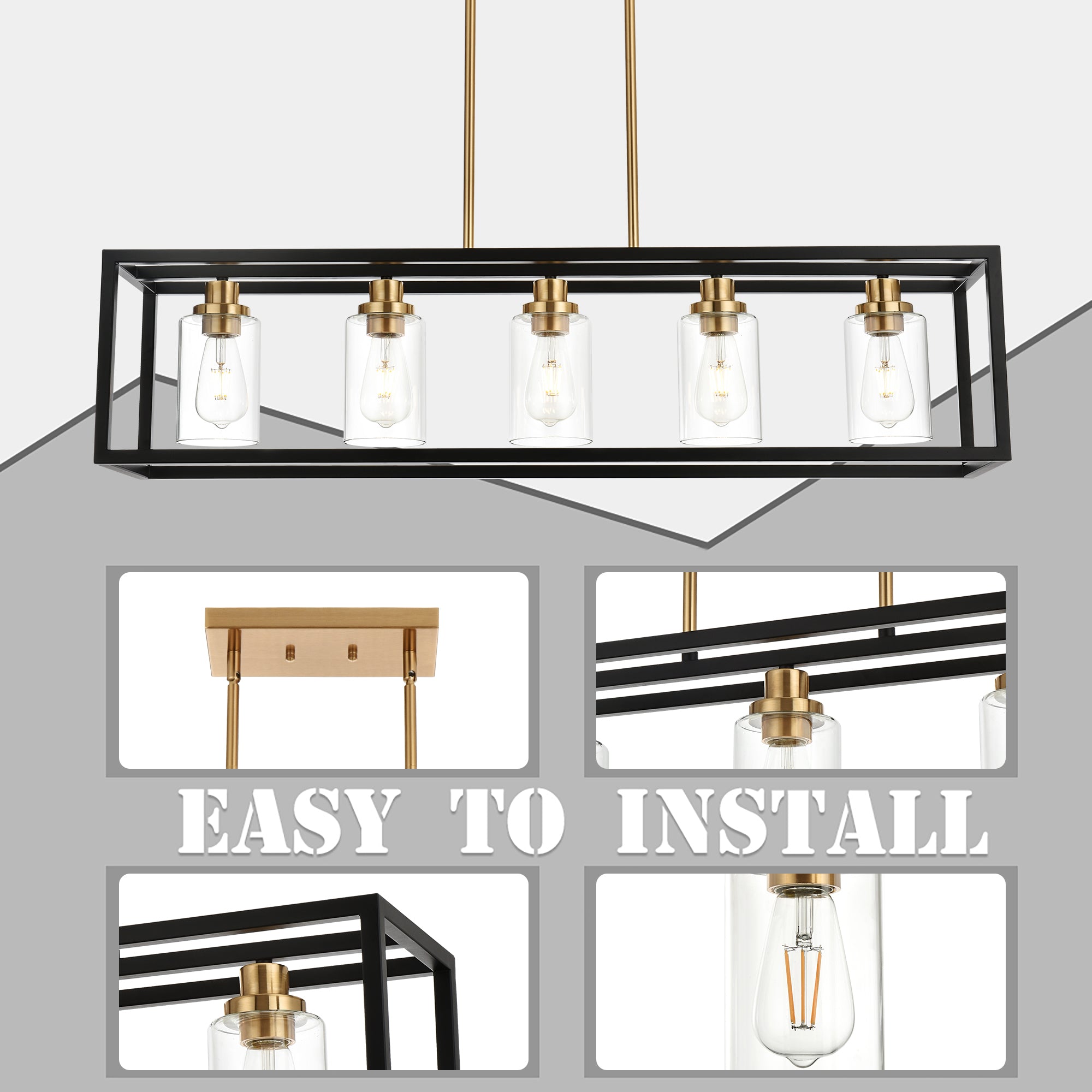 Black Chandeliers Rectangle 5 Lights Dining Room Lighting Fixtures Hanging Over Table, Kitchen Island Lighting Linear Pendant Light Ceiling with Clear Glass Shade and Brushed Brass Socket