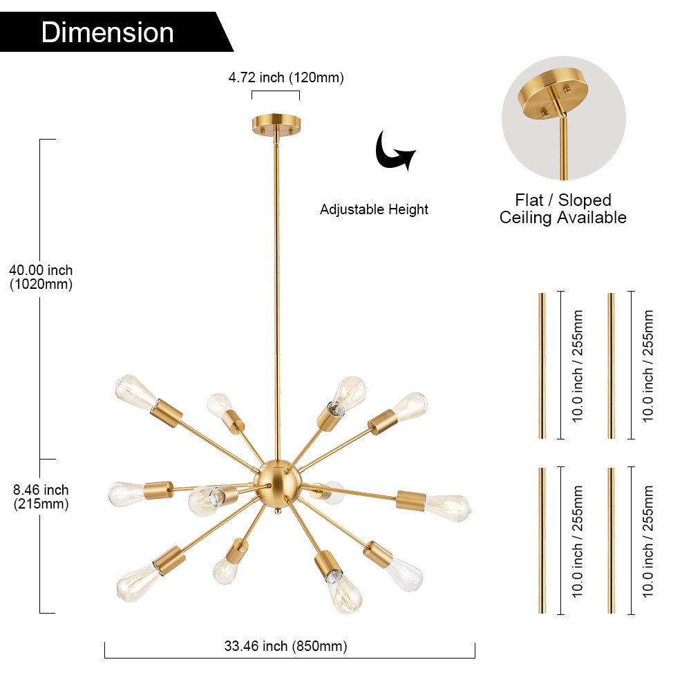 Brass Sputnik Ceiling Light – Multi-Directional 12-Light Chandelier with Customizable Height Kitchen Island Hanging Lights for dining rooms entryways