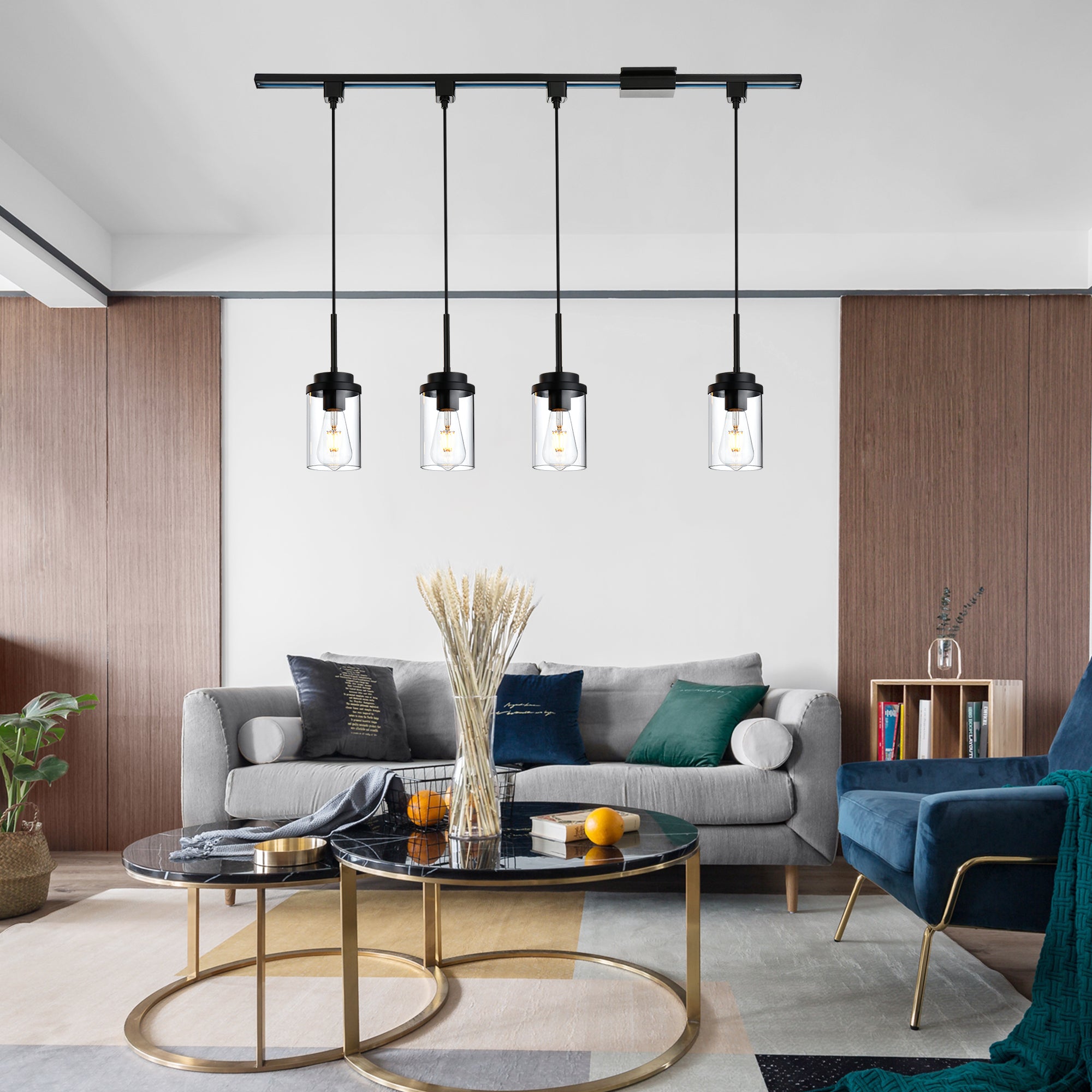 4 Pack Track Pendant Lights, H-Type Clear Glass Shade with E26 Base, Industrial Vintage Ceiling Hanging Light Fixture for Kitchen Island, Dining Room, Bar (Black, No Track Included)