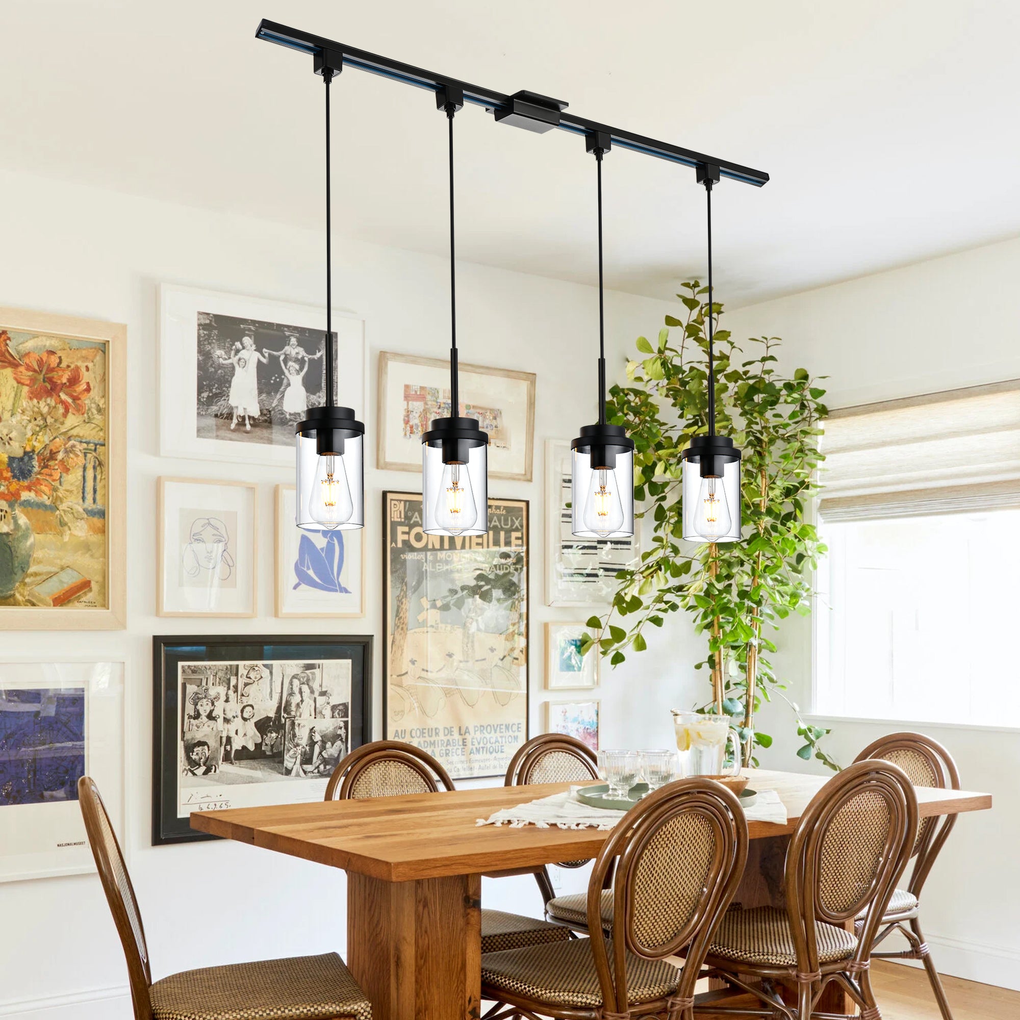 4 Pack Track Pendant Lights, H-Type Clear Glass Shade with E26 Base, Industrial Vintage Ceiling Hanging Light Fixture for Kitchen Island, Dining Room, Bar (Black, No Track Included)