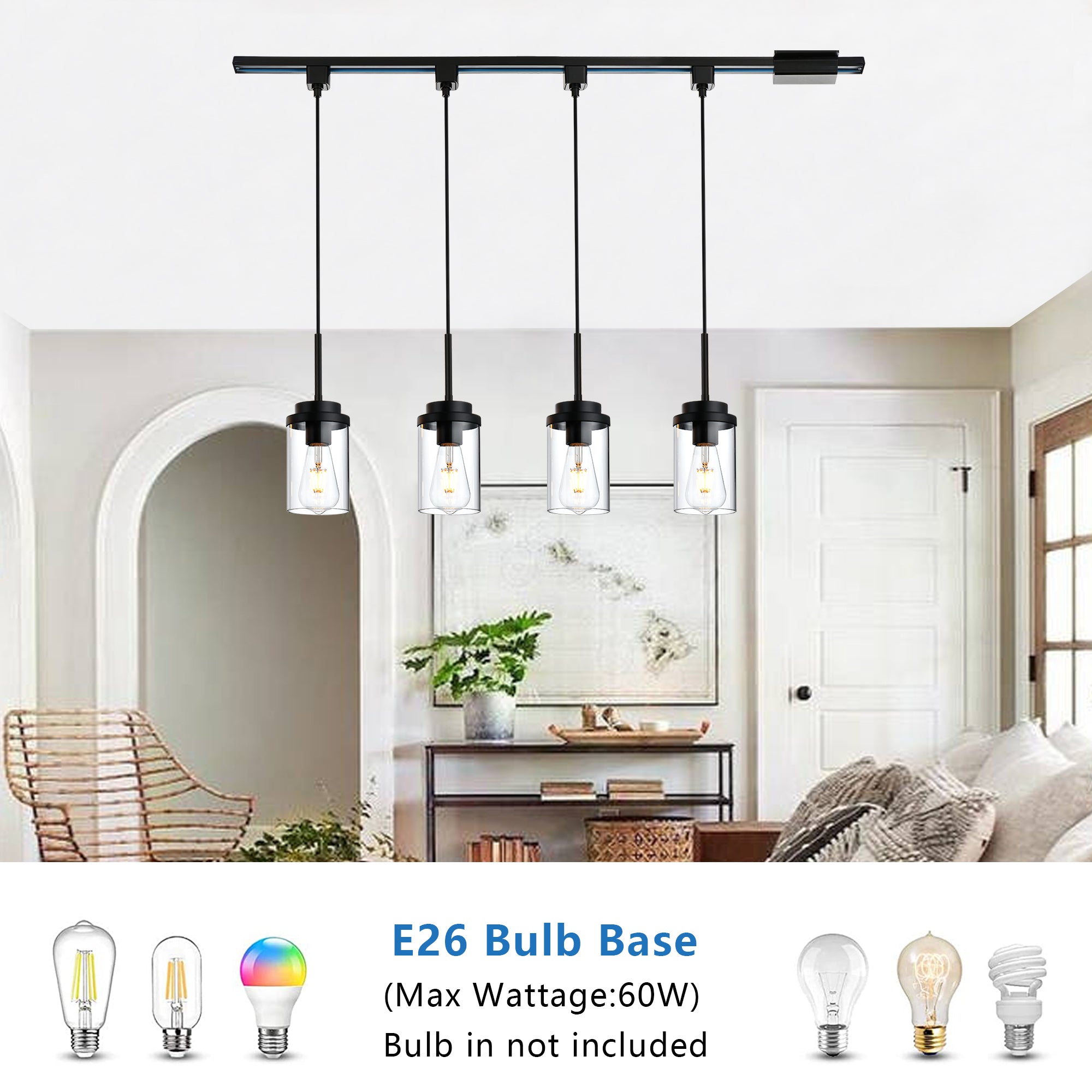 4 Pack Track Pendant Lights, H-Type Clear Glass Shade with E26 Base, Industrial Vintage Ceiling Hanging Light Fixture for Kitchen Island, Dining Room, Bar (Black, No Track Included)