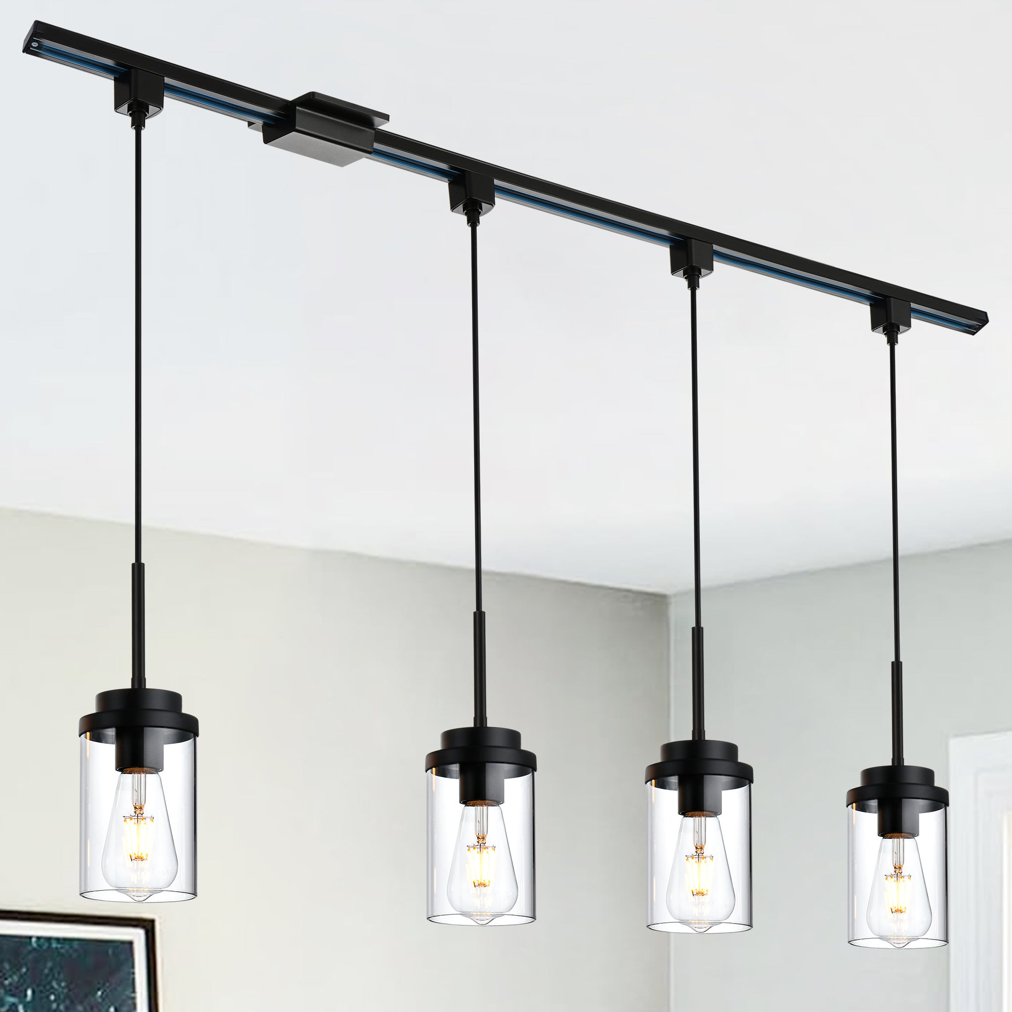 4 Pack Track Pendant Lights, H-Type Clear Glass Shade with E26 Base, Industrial Vintage Ceiling Hanging Light Fixture for Kitchen Island, Dining Room, Bar (Black, No Track Included)