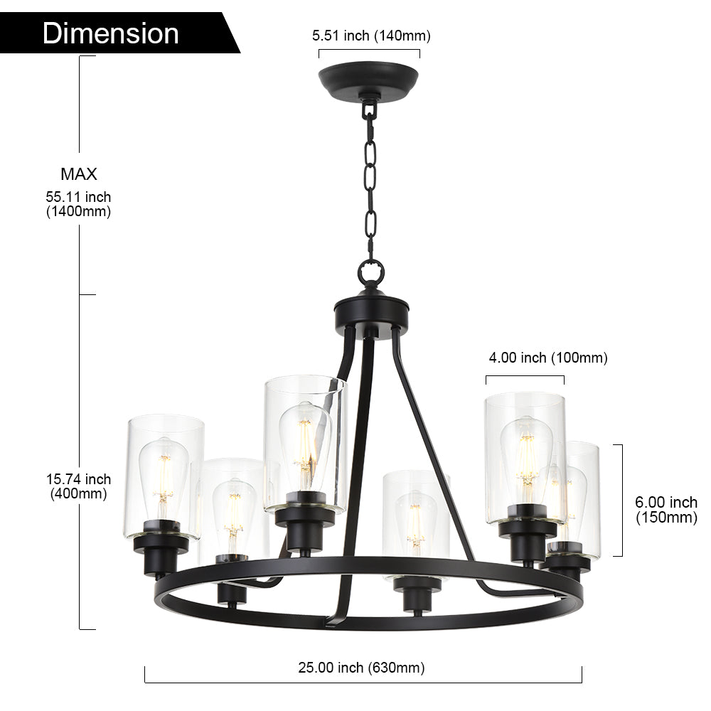 6-Light Glass Chandelier Farmhouse Lighting, Kitchen Island Lighting Dining Room Light Fixtures Hanging Glass Pendant Light Oil Rubbed Bronze Finished