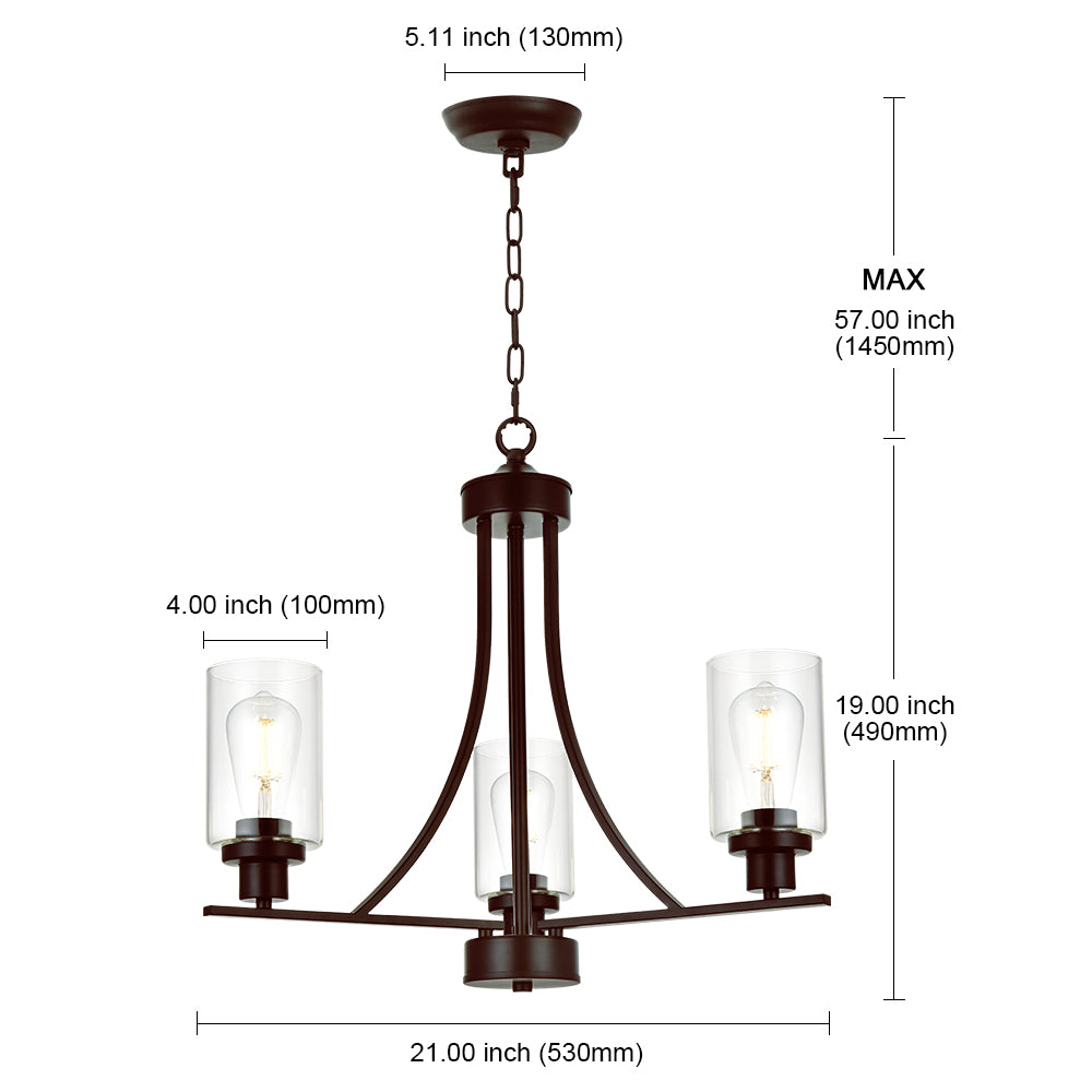 3 Lights Oil-Rubbed Bronze Traditional Chandelier Rustic Kitchen Island Lighting Fixtures Hanging Clear Glass Cylinder Pendant Lights Classic Ceiling Light for Dining Room Bedroom Foyer