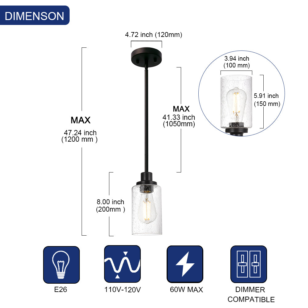 Pendant Light Fixture Black, 1-Light Modern Hanging Lighting Over Table, Adjustable Kitchen Island Lighting for Hallway Bedroom Office Bar