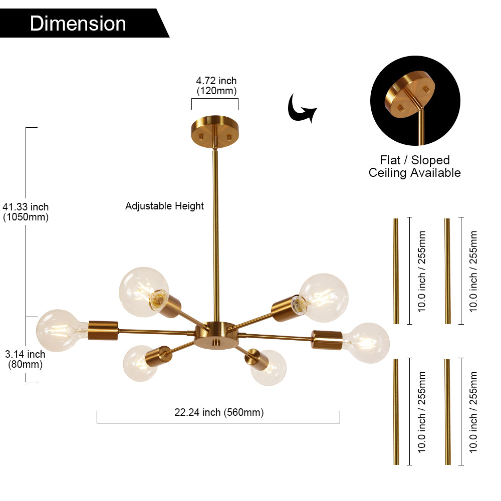 Modern Brass Sputnik Chandelier – 6-Light Adjustable Ceiling Fixture for Vaulted Ceilings E26 Bulb Base