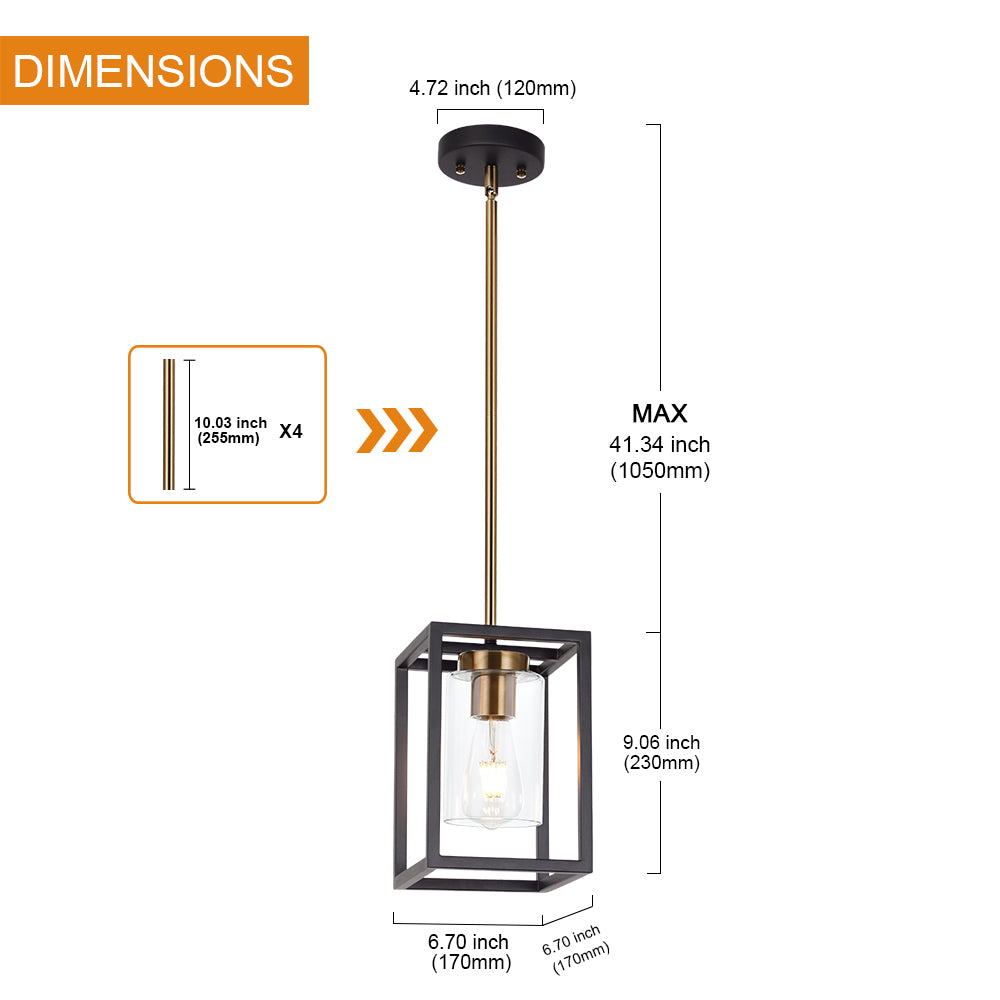 1-Light Interior Lantern Pendant Light,Black and Brushed Brass Finish Farmhouse Chandelier with Clear Glass Shade Foyer Cage Hanging Ceiling Lighting for Kitchen Island Dining Room Entryway