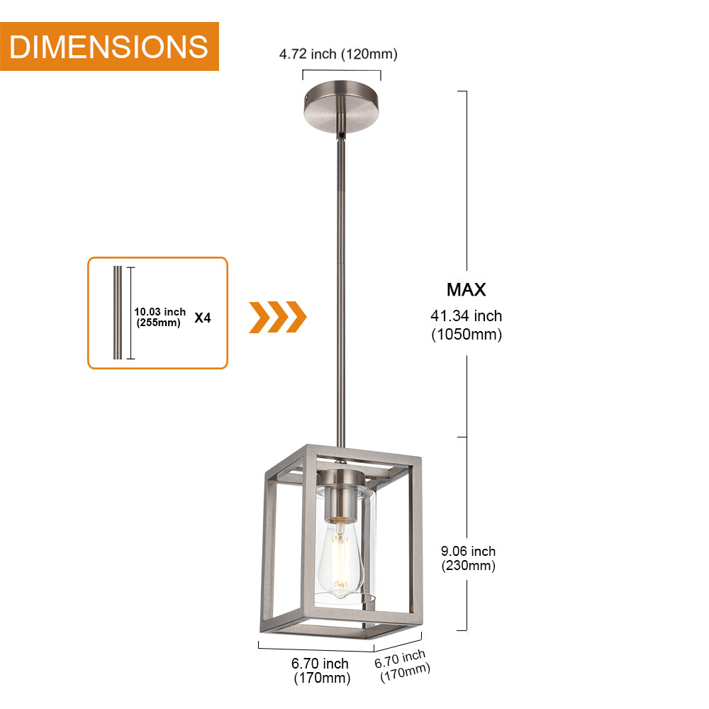 Contemporary Pendant Lighting,Single 1 Light Brushed Nickel Cage Hanging Light with Clear Glass Shade for Kitchen Island Entryway Dining Room Hallway Porch