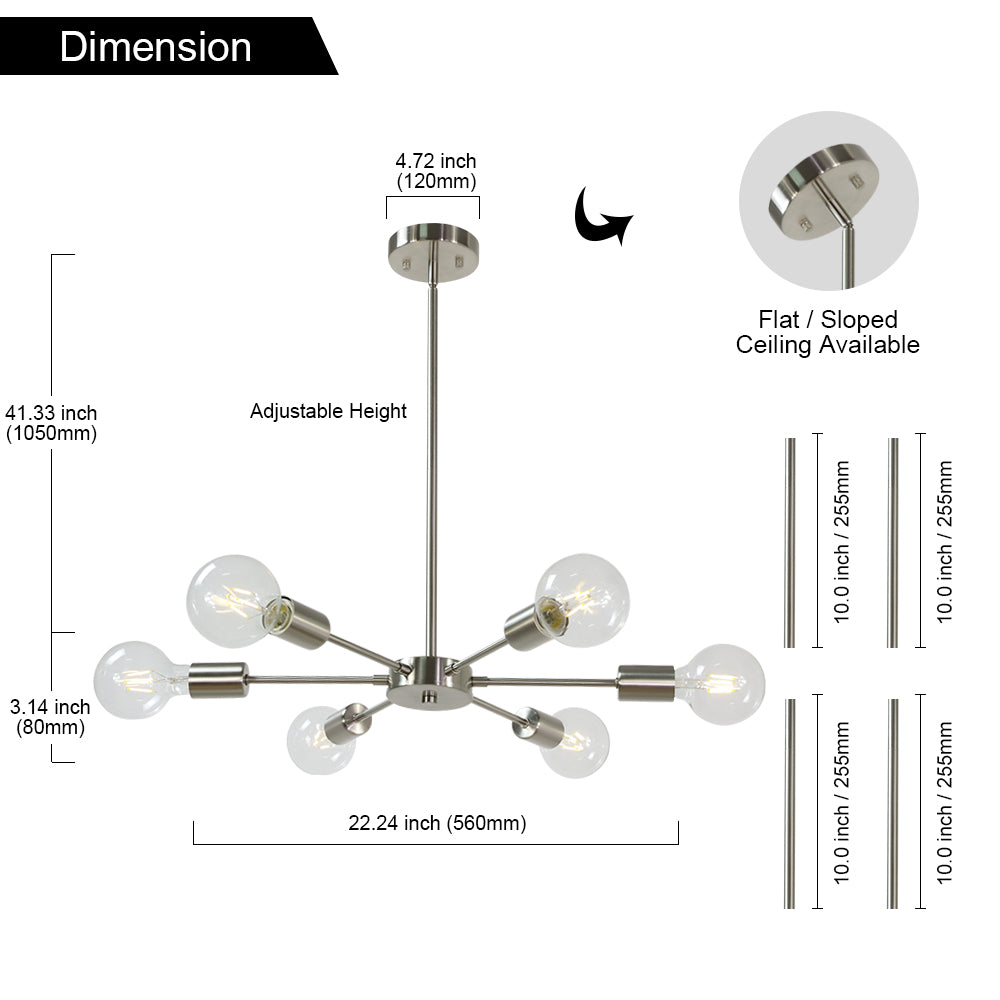 Modern Brushed Nickel Sputnik Chandelier – 6-Light Adjustable Ceiling Fixture for Vaulted Ceilings E26 Bulb Base