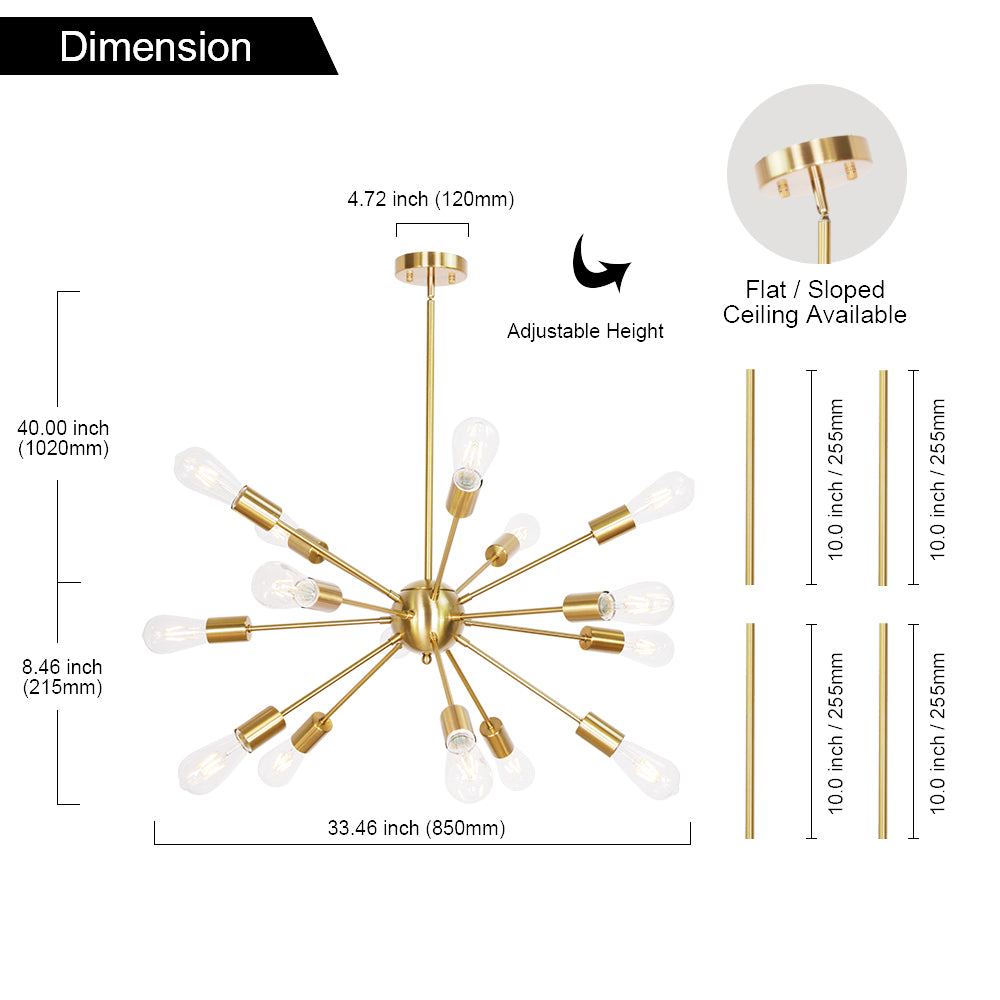 Brass Sputnik Ceiling Light – Multi-Directional 15-Light Chandelier with Customizable Height Kitchen Island Hanging Lights for dining rooms entryways