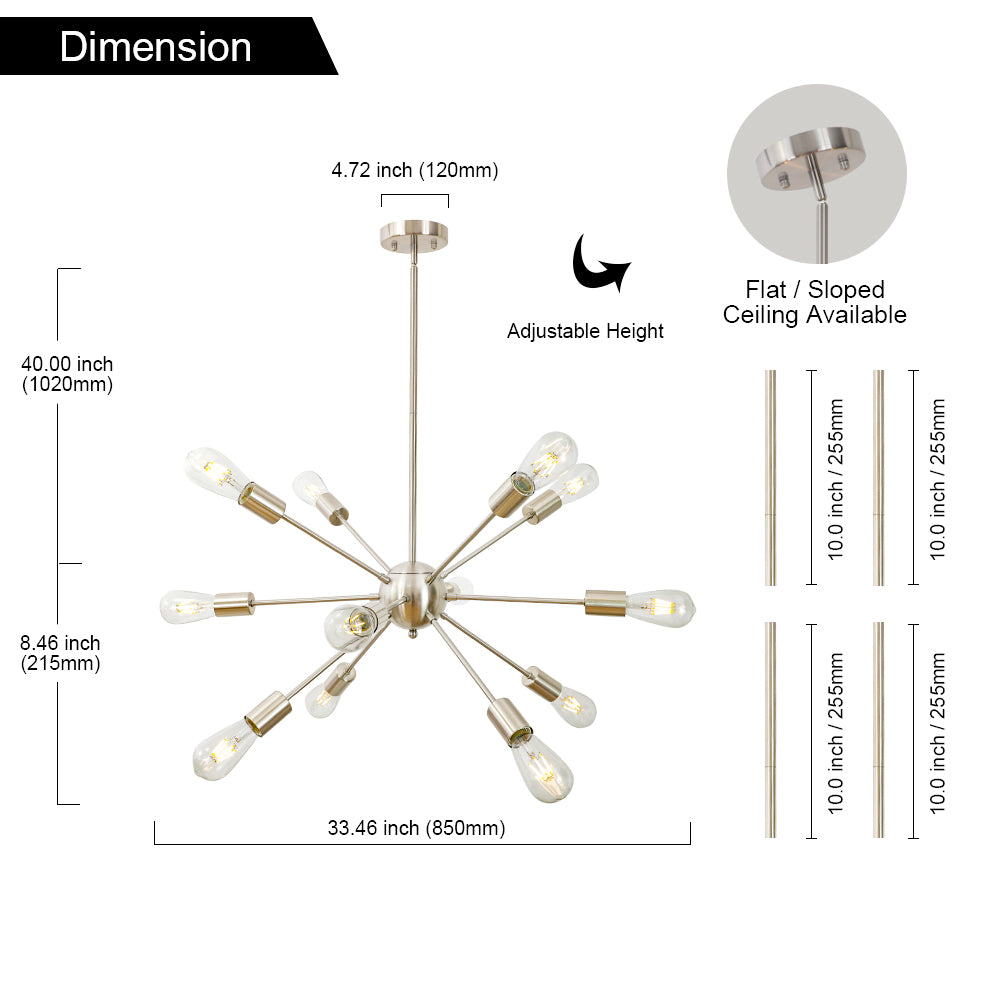 Brushed Nickel Sputnik Ceiling Light – Multi-Directional 12-Light Chandelier with Customizable Height Kitchen Island Hanging Lights for dining rooms entryways