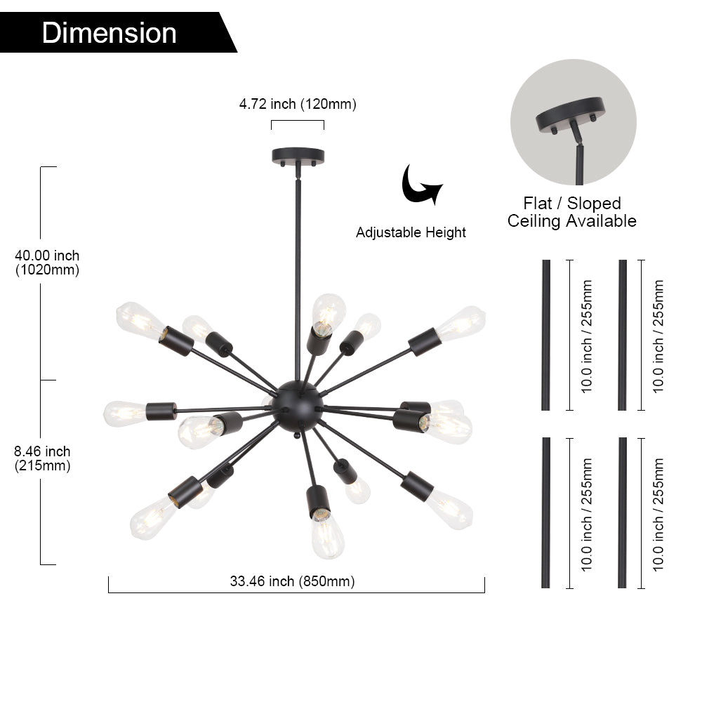 Black Sputnik Ceiling Light – Multi-Directional 15-Light Chandelier with Customizable Height Kitchen Island Hanging Lights for dining rooms entryways