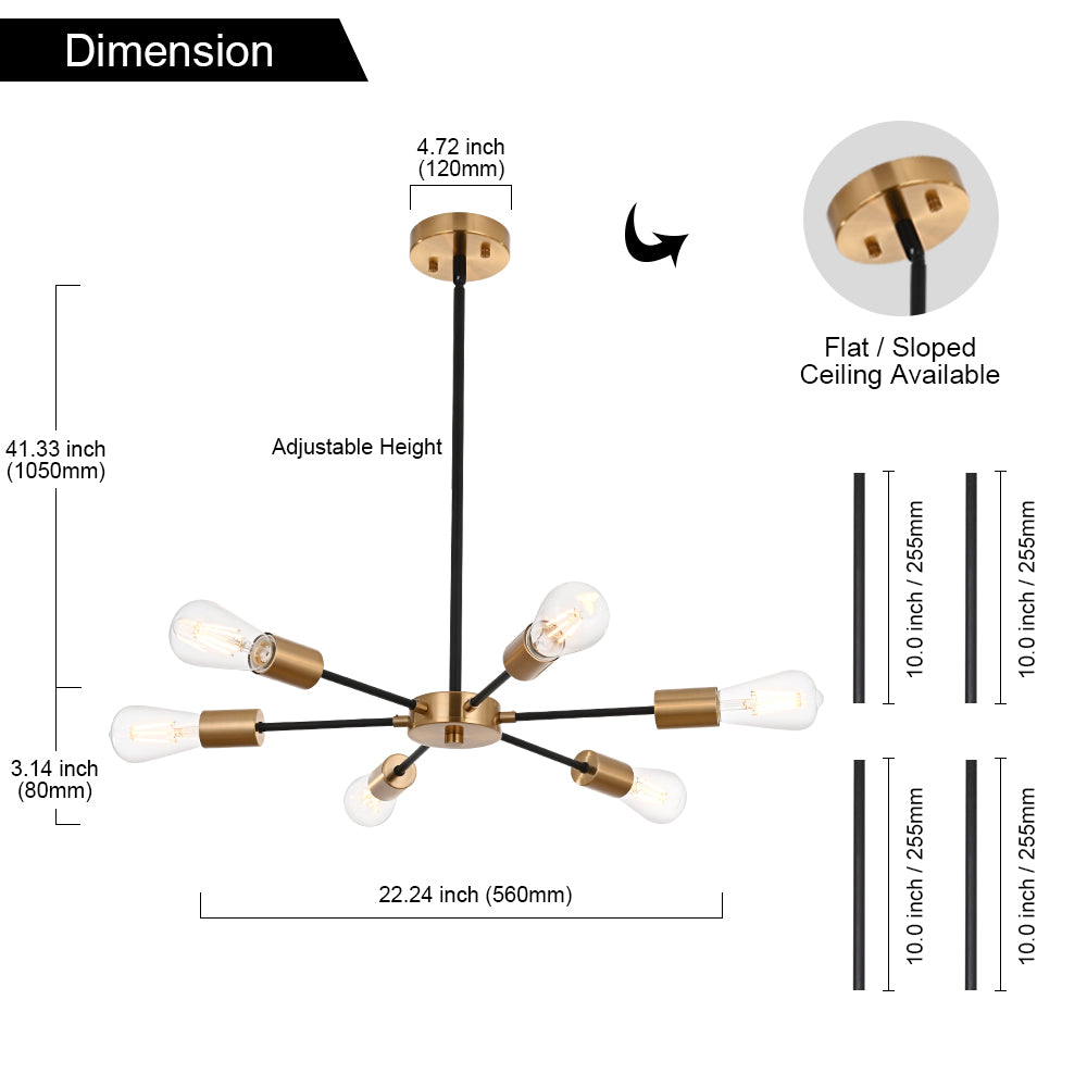 Modern Black Brass Sputnik Chandelier – 6-Light Adjustable Ceiling Fixture for Vaulted Ceilings E26 Bulb Base