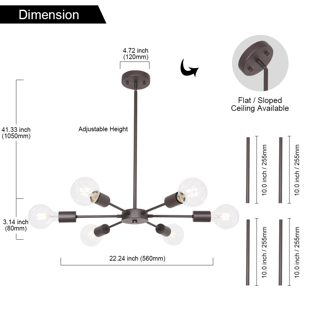 Modern Oil Rubbed Bronze Sputnik Chandelier – 6-Light Adjustable Ceiling Fixture for Vaulted Ceilings E26 Bulb Base