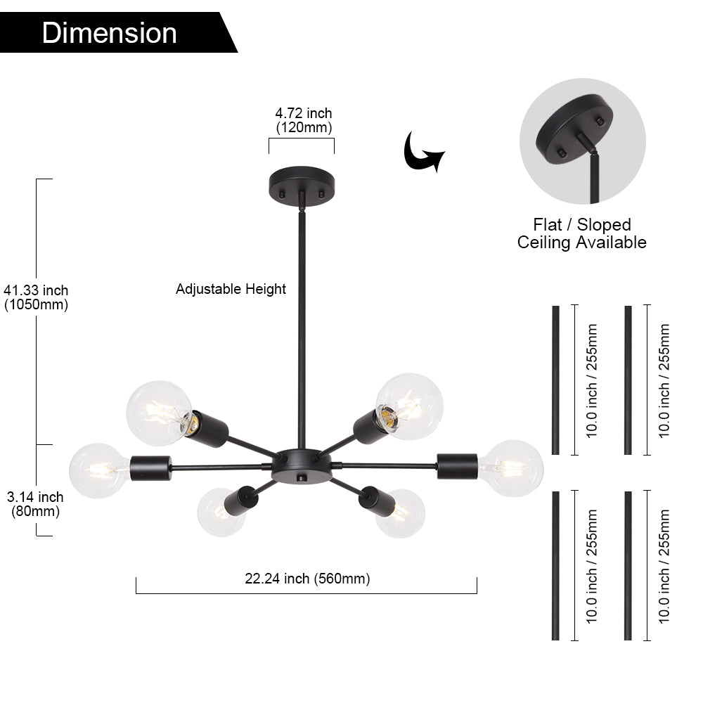 Modern Sputnik Chandelier – 6-Light Adjustable Ceiling Fixture for Vaulted Ceilings E26 Bulb Base