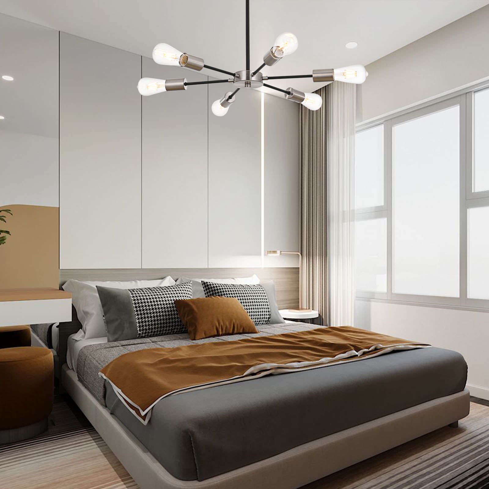 Modern Black Brushed Nickel Sputnik Chandelier – 6-Light Adjustable Ceiling Fixture for Vaulted Ceilings E26 Bulb Base