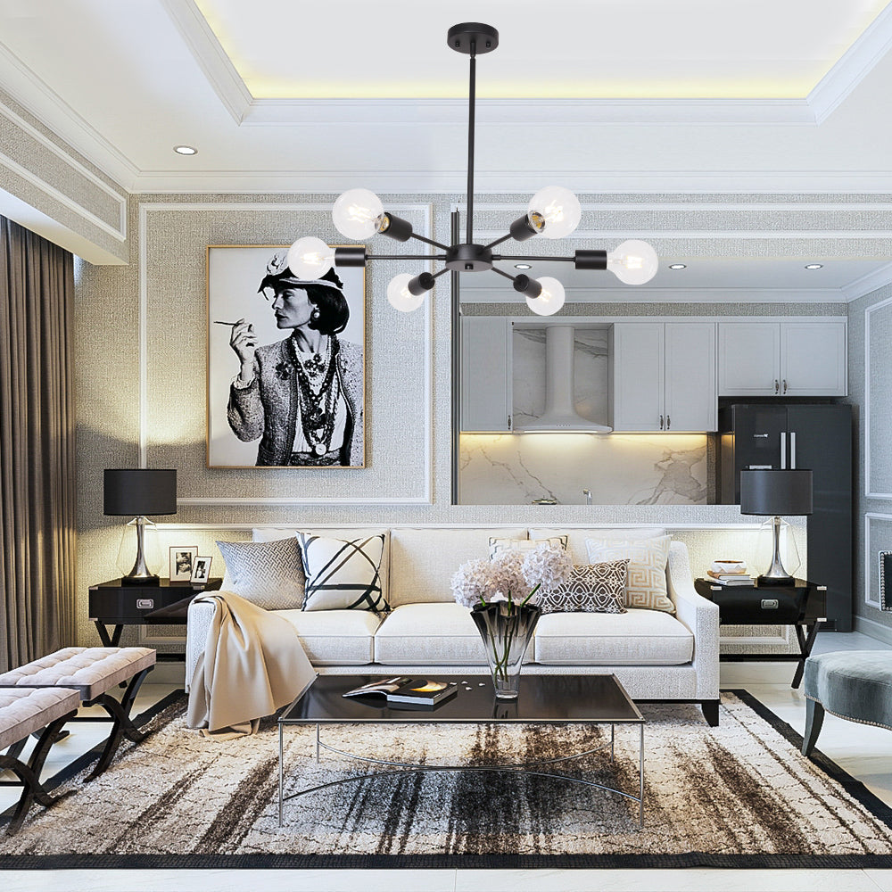 Modern Sputnik Chandelier – 6-Light Adjustable Ceiling Fixture for Vaulted Ceilings E26 Bulb Base