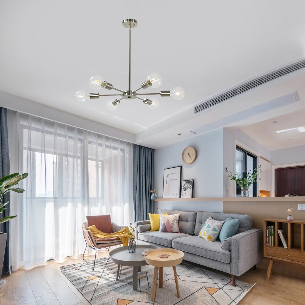 Modern Brushed Nickel Sputnik Chandelier – 6-Light Adjustable Ceiling Fixture for Vaulted Ceilings E26 Bulb Base