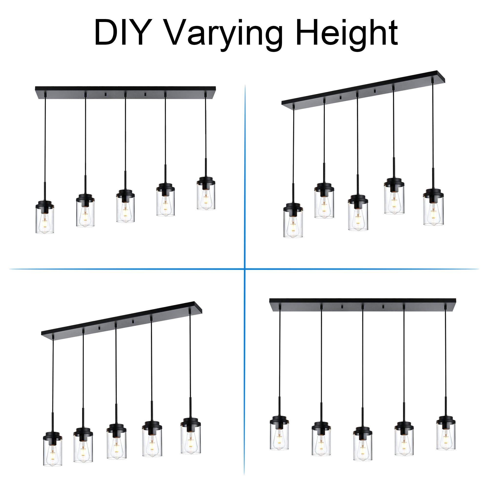 Kitchen Island Lighting Modern 5 Lights Linear Chandeliers for Dining Room, Industrial Black Pendant Light Fixtures Ceiling Hanging with Clear Glass Shade, 40.1 Inches Length