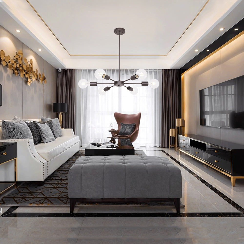 Modern Oil Rubbed Bronze Sputnik Chandelier – 6-Light Adjustable Ceiling Fixture for Vaulted Ceilings E26 Bulb Base