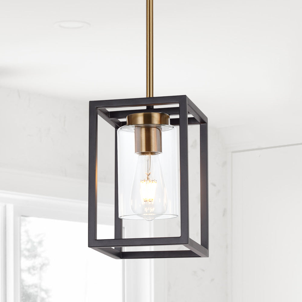 1-Light Interior Lantern Pendant Light,Black and Brushed Brass Finish Farmhouse Chandelier with Clear Glass Shade Foyer Cage Hanging Ceiling Lighting for Kitchen Island Dining Room Entryway